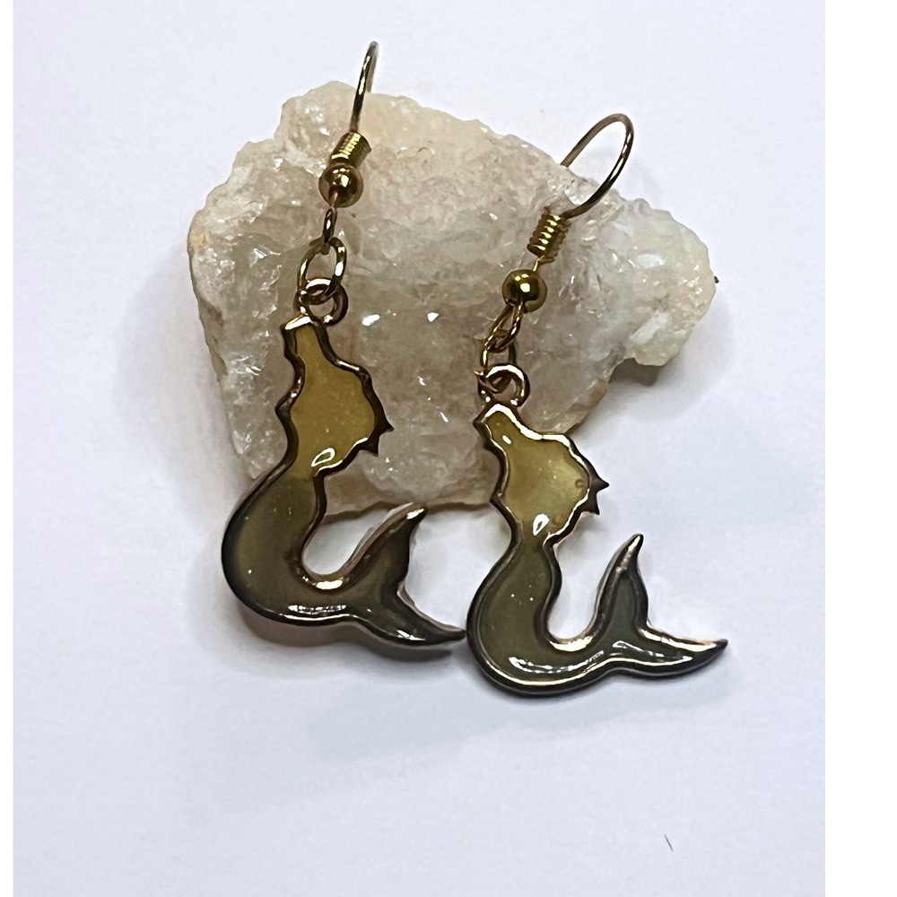 Whimsical Mermaid Tail Earrings Yellow Green 14K Gold -Beachy Ocean Jewelry -New
